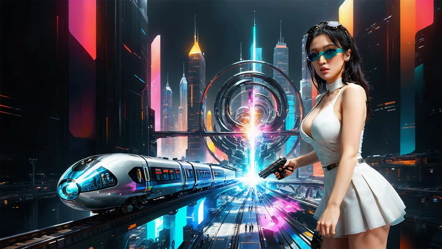 Brightly colored abstract aerial view image of a futuristic railway station with a spiral, a (((((futuristic all-glass train))))) passing by, epic beautiful space sci-fi, chaotic cinematic space rift, Greg Beeple, planets colliding, Beeple and Tim Hildebrandt, Beeple and Jean Giraud, end of the universe, (((((giant abstract sculpture))))), galaxy space sci-fi, ringworld, by Mike "Beeple" Winkelmann. Matrix style, (((((Matrix cascading code))))), (((((a futuristic twin tower skyscraper with a unique twisted design))))), (((((OLED GUI interfaces in the building))))), at night, (((((1girl, solo))))), photo realistic, (((large-breast:1.1 slim body, cleavage:1.4))), (((off broken mini sling-shirt and black sling bra, extreamly short pleated miniskirt exposing panty))), (((((running pose))))), (((((((matrix style black micro sunglasses))))))), ((((((((((aiming with a short gun)))))))))), (((((looking at camera))))), (((very low view))), (((((half-body thigh level medium shot))))), (((cinematic lighting))).