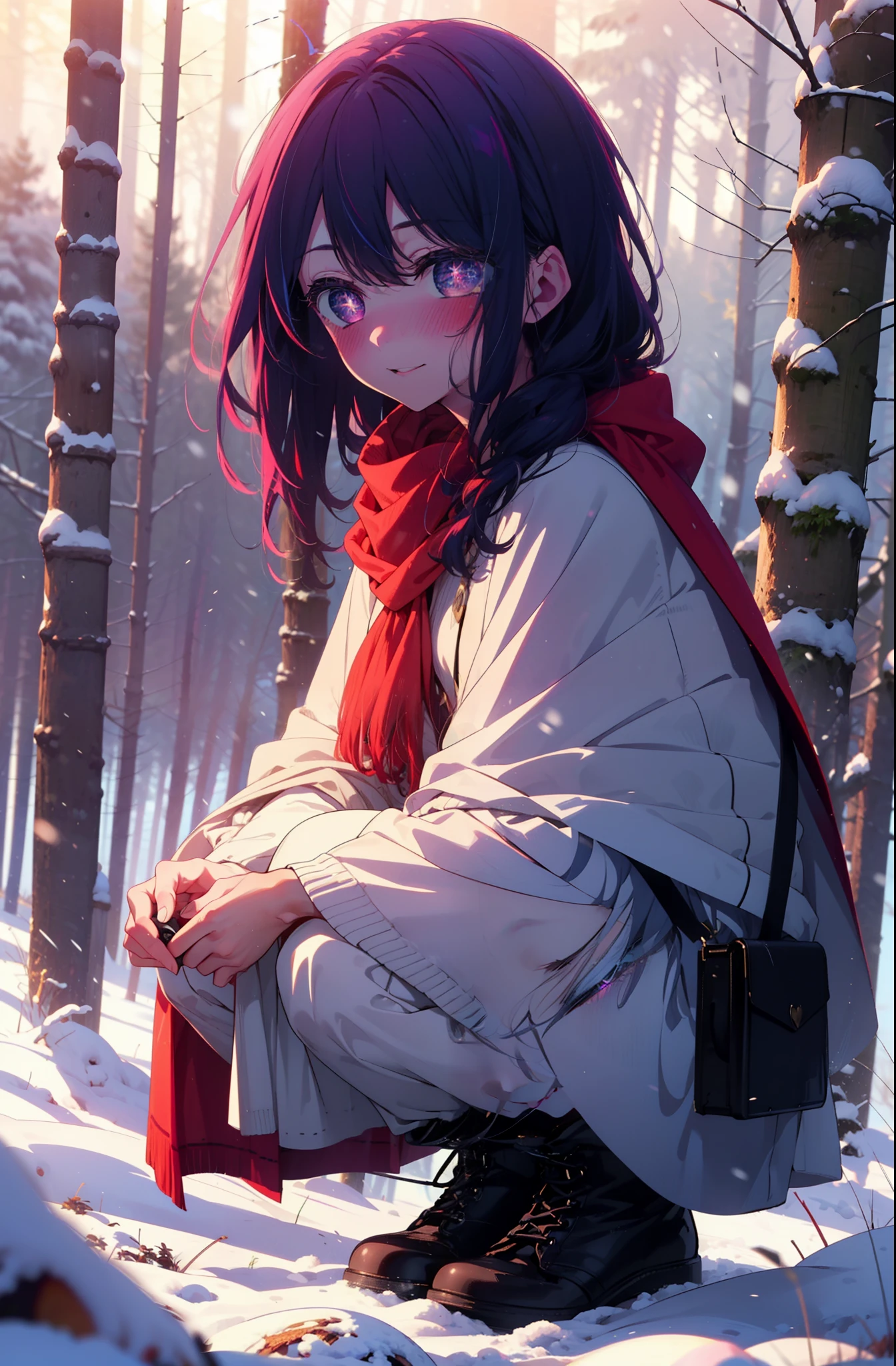 aihoshino, Ai Hoshino, Long Hair, bangs, (Purple eyes:1.1), Purple Hair, (Symbol-shaped pupil:1.5), smile,,smile,blush,White Breath,
Open your mouth,snow,Ground bonfire, Outdoor, boots, snowing, From the side, wood, suitcase, Cape, Blurred, , forest, White handbag, nature, Squat, Mouth closed, Cape, winter, Written boundary depth, Black shoes, red Cape break looking at viewer, Upper Body, whole body, break Outdoor, forest, nature, break (masterpiece:1.2), Highest quality, High resolution, unity 8k wallpaper, (shape:0.8), (Beautiful and beautiful eyes:1.6), Highly detailed face, Perfect lighting, Highly detailed CG, (Perfect hands, Perfect Anatomy),