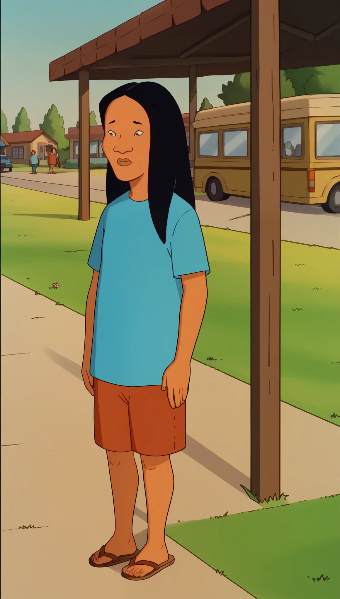 zPDXL, zPDXLxxx, score_9, score_8_up, score_7_up, score_6_up, score_5_up, score_4_up, BREAK connie_souphanousinphone, solo, shirt, sandals, 1girl, shorts, full body, long hair, blue shirt, standing, , outdoors, grass, street, neighborhood