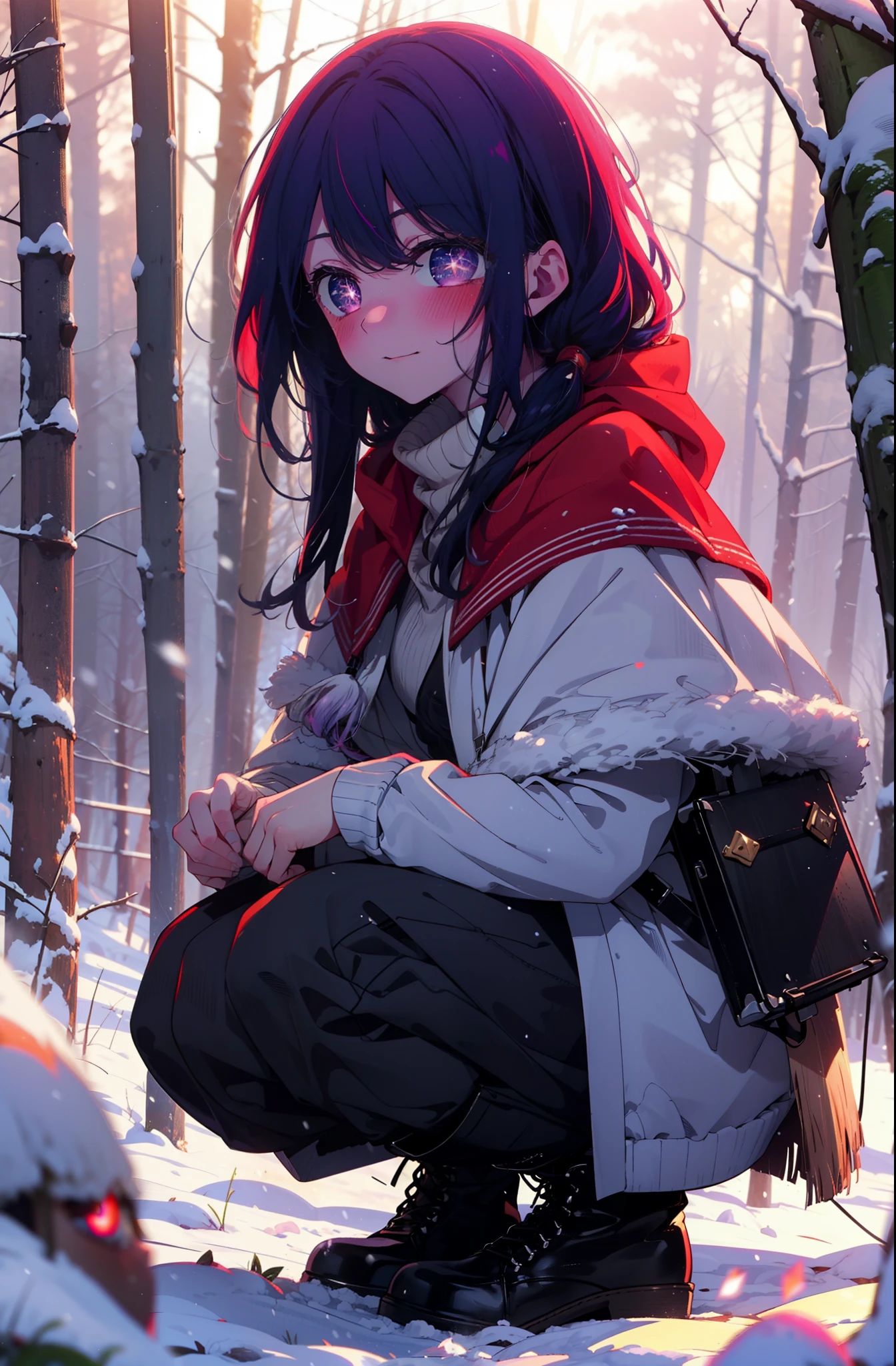 aihoshino, Ai Hoshino, Long Hair, bangs, (Purple eyes:1.1), Purple Hair, (Symbol-shaped pupil:1.5), smile,,smile,blush,White Breath,
Open your mouth,snow,Ground bonfire, Outdoor, boots, snowing, From the side, wood, suitcase, Cape, Blurred, , forest, White handbag, nature, Squat, Mouth closed, Cape, winter, Written boundary depth, Black shoes, red Cape break looking at viewer, Upper Body, whole body, break Outdoor, forest, nature, break (masterpiece:1.2), Highest quality, High resolution, unity 8k wallpaper, (shape:0.8), (Beautiful and beautiful eyes:1.6), Highly detailed face, Perfect lighting, Highly detailed CG, (Perfect hands, Perfect Anatomy),