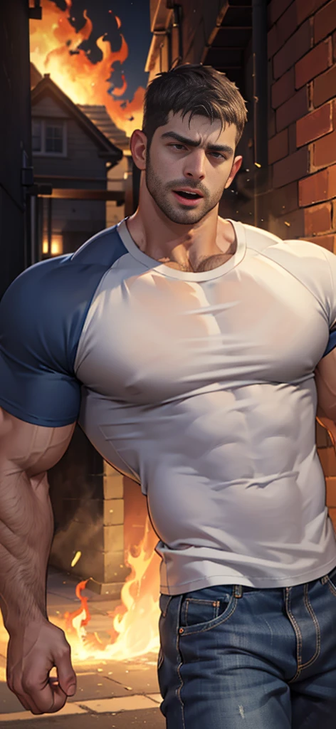 (Create a masterpiece: 1.2),(CGI art:1.3),(realistic:1.5),(After processing:1.3),(Sharp focus:1.3),man sleeping against wall , , straight, front ,Chris Redfield , (round neck T-shirt:1.2) ,Wear color navy round neck T-shirt with a police badge: 1.4), Navy blue jeans, Korean guy , korean men, (High gloss details), chest muscles, large arm muscles, blood vessel, Big muscles, Broad shoulders, looking at the audience, Balancing the eyes, middle of the road ,dark black gloomy hallway in the background, detailed face, shadow, volumetric lighting ,(open mouth:1.6) ,(Fire blazes behind), (run to camara)