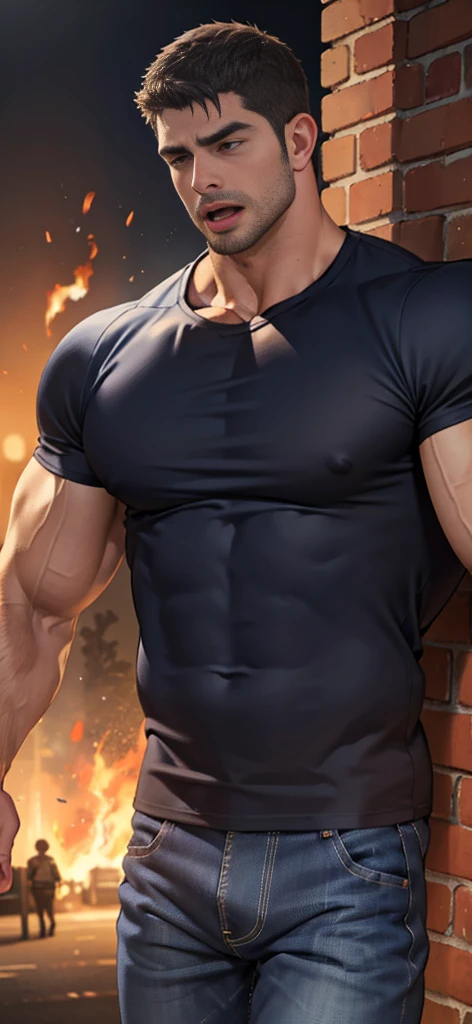 (Create a masterpiece: 1.2),(CGI art:1.3),(realistic:1.5),(After processing:1.3),(Sharp focus:1.3),man sleeping against wall , , straight, front ,Chris Redfield , (round neck T-shirt:1.2) ,Wear color navy round neck T-shirt with a police badge: 1.4), Navy blue jeans, Korean guy , korean men, (High gloss details), chest muscles, large arm muscles, blood vessel, Big muscles, Broad shoulders, looking at the audience, Balancing the eyes, middle of the road ,dark black gloomy hallway in the background, detailed face, shadow, volumetric lighting ,(open mouth:1.6) ,(Fire blazes behind), (run to camara)