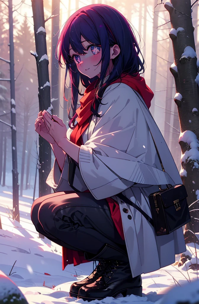 aihoshino, Ai Hoshino, Long Hair, bangs, (Purple eyes:1.1), Purple Hair, (Symbol-shaped pupil:1.5), smile,,smile,blush,White Breath,
Open your mouth,snow,Ground bonfire, Outdoor, boots, snowing, From the side, wood, suitcase, Cape, Blurred, , forest, White handbag, nature, Squat, Mouth closed, Cape, winter, Written boundary depth, Black shoes, red Cape break looking at viewer, Upper Body, whole body, break Outdoor, forest, nature, break (masterpiece:1.2), Highest quality, High resolution, unity 8k wallpaper, (shape:0.8), (Beautiful and beautiful eyes:1.6), Highly detailed face, Perfect lighting, Highly detailed CG, (Perfect hands, Perfect Anatomy),