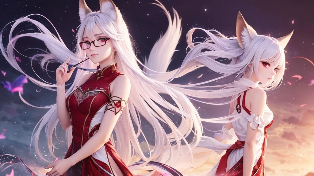 best quality, 8K, original photo, Ridiculous, Extremely detailed, Fox-eared maiden,baby face, No makeup, Provocative expressions,slim, Perfect proportion, White straight hair, (wind, wind-effect), Red Eyes, Various visual styles for backgrounds,combines various artistic elements,like a sparkling iridescent rainbow,Fox tail,Lace dress,wearing glasses
