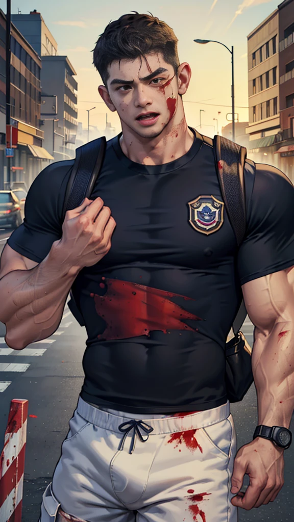 (Create a masterpiece: 1.2),(CGI art:1.3),(realistic:1.5),(After processing:1.3),(Sharp focus:1.3), (man Fight, join in battle:1.5 ), straight, front ,Chris Redfield ,(black hair), smile open mouth, (Wear color navy round neck T-shirt: 1.5), (with a Police badge: 1.2), navy cargo , (blood splatters) ,( abrasions on face: 1.5), (Blood stains on the face and body: 1.4), Korean guy , korean men, (High gloss details), chest muscles, large arm muscles, blood vessel, Big muscles, Broad shoulders, looking at the audience, Balancing the eyes, middle of the road , (black backpack: 1.3)  ,(open mouth:1.6) 