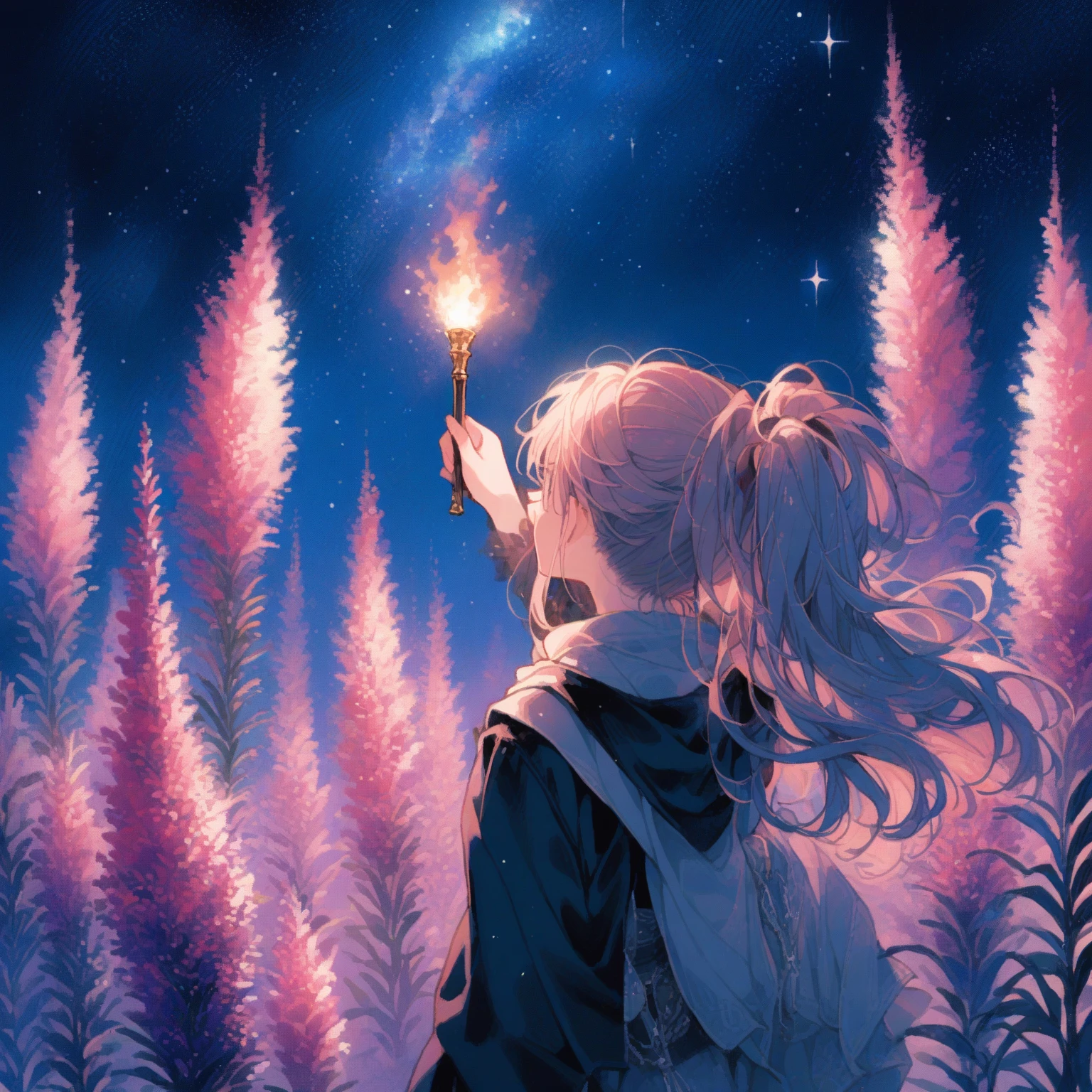 1girl、Liatris spicata、「Burning passion」「Upward centric」「A love that lasted too long」、Blazing star、I look up at the stars shining in the night sky while holding a torch in my hand.、tegaki、First Star