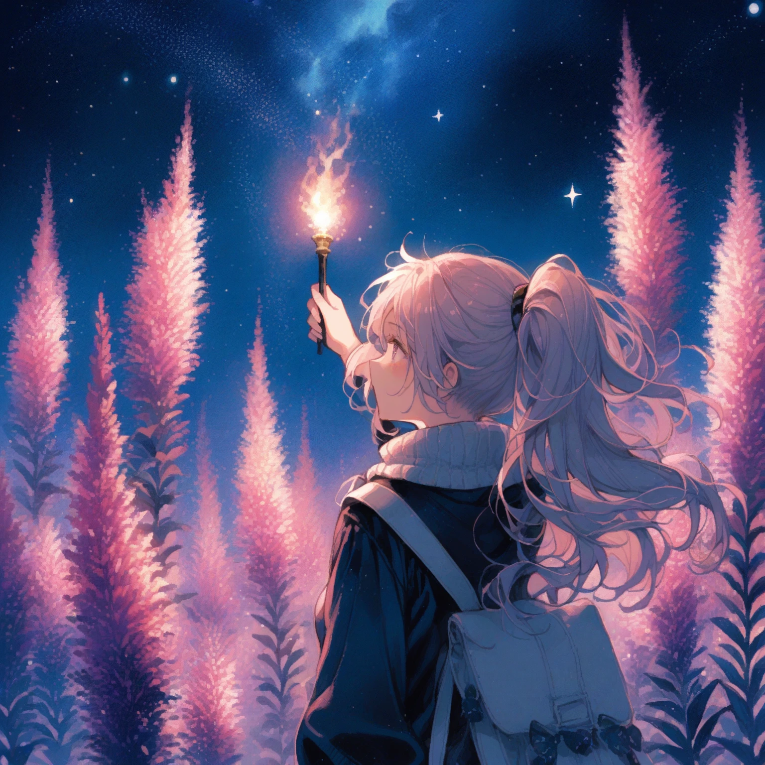 1girl、Liatris spicata、「Burning passion」「Upward centric」「A love that lasted too long」、Blazing star、I look up at the stars shining in the night sky while holding a torch in my hand.、tegaki、First Star