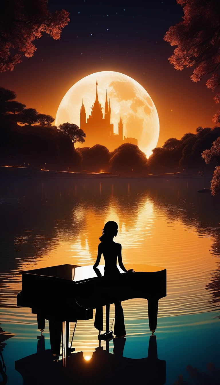 Night view, Movie angle, (((You can see the city under the lake water:1.3))), eternal fantasy, (((Silhouette woman with crystal piano on the lake:1.3))), Waning Moon, Unmatched clarity and clarity, (((Radiosity rendered in stunning 32K resolution:1.3))), Everything is captured so clearly, 最high quality, high quality, 最high quality, 最high quality, Unreasonable Detail Rendering, grow. A solemn night. Vector graphics,