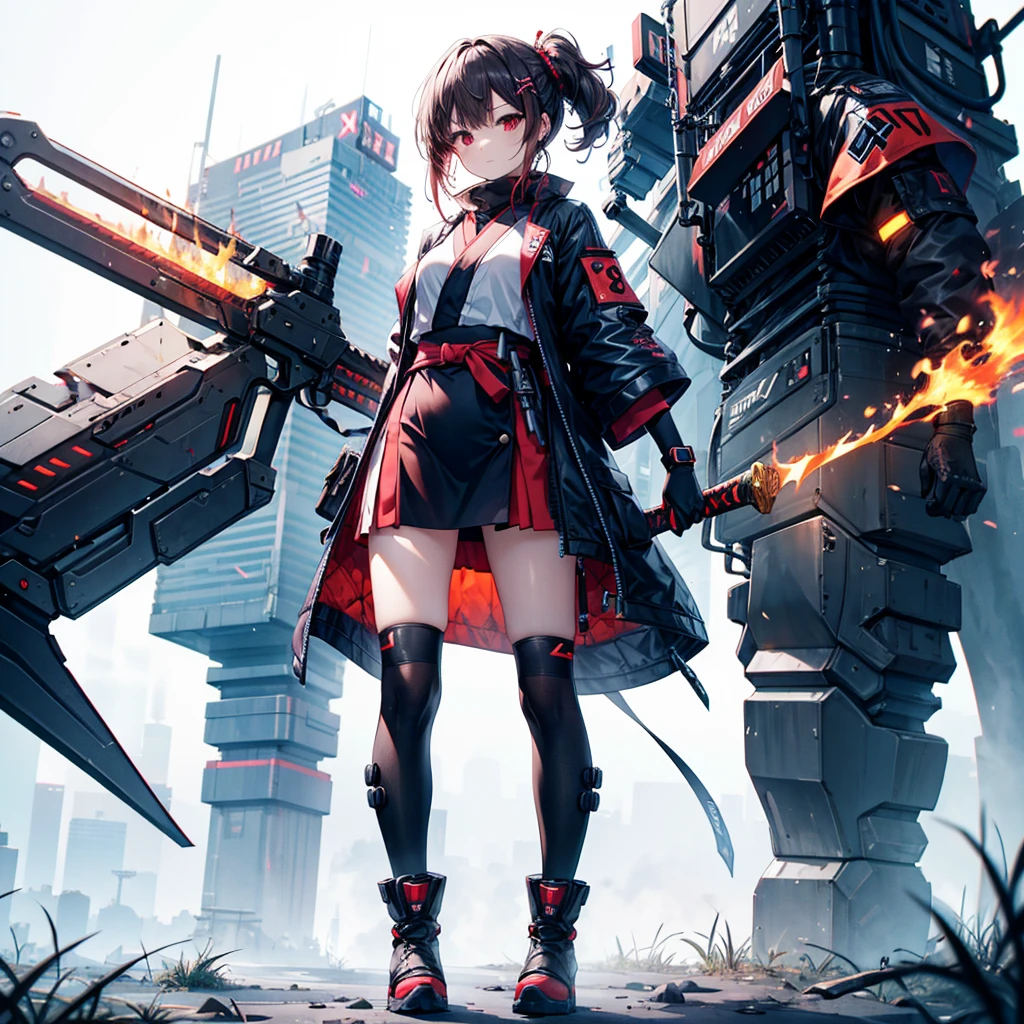 1girl、Dynamic composition、[17277fbe68]、(Tabletop, Highest quality), (Perfect athletic body:1.2), (Fine hair), Super detailed, Anime Style, whole body, Cyberpunk Ninja Girl, Japanese Hairstyles, Red eyes, Wields a giant flaming sword, Standing in the Wilderness, Wear tech boots, 8K high resolution, Trend Art Station, White Background, Standing in the Wilderness, whole body,