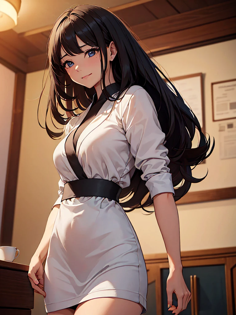 20 years old,1 girl, extremely thick thighs, hyperrealistic, 8k, (extremely detailed 8k), (very delicate and beautiful), (masterpiece), (better quality:1.0), (ultra high resolution:1.0), (masterpiece, best quality), cute,black hair,laugh with open mouth,gleaming skin,,, cardigan,leaning forward,ponytail,upper body,from the front,looking back