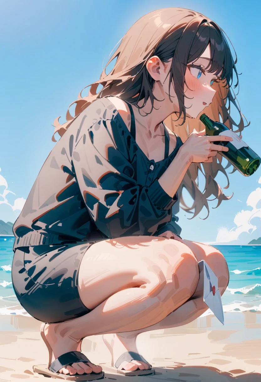 masterpiece, best quality, very aesthetic, absurdres, newest, 1girl, solo, young, brown hair, wavy hair, long hair, blue eyes, looking forward, hopeful expression, casual clothing, squatting, holding a Empty bottle with letter, side view, sandy beach, clear sky, gentle sea waves, sunny day