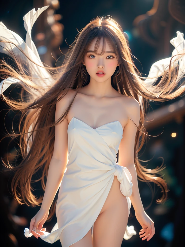 4K Ultra HD, masterpiece, A girl with a magical aura, Nice face, Long Hair, Shiny Hair, Fine grain, Glossy lips, Nude 1.5, Aura around the body, Magical Effects, Spreading white light, Cosmic elements and ethereal atmosphere, A mix of bright lights and colorful nebulae, Space Background,, Full Body Capture.(((Whitening 1.5)))、Silver Hair、(((Wearing white cloth 1.5)))、Hair and fabric fluttering in the wind、、Full Body Shot、Open your mouth、(((1.5)))、