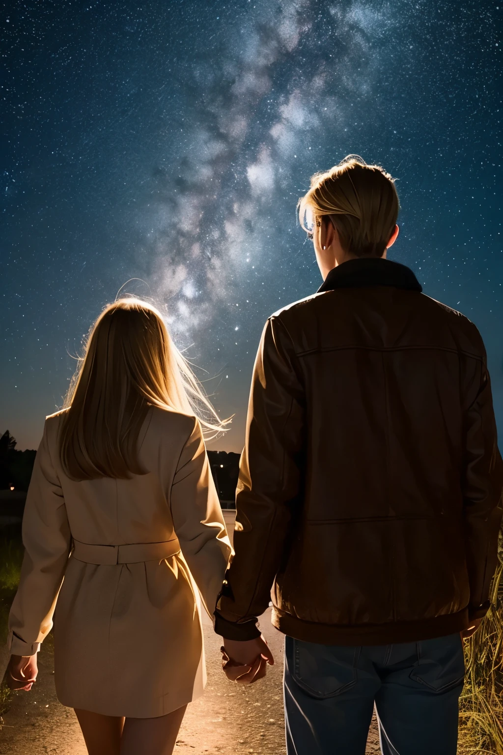Couple, Back view, Night view, initial, Girl R, Blonde,Medium, Moderate, ager R, Brown Hair, Man Bun,Lovers holding hands, Starry Sky