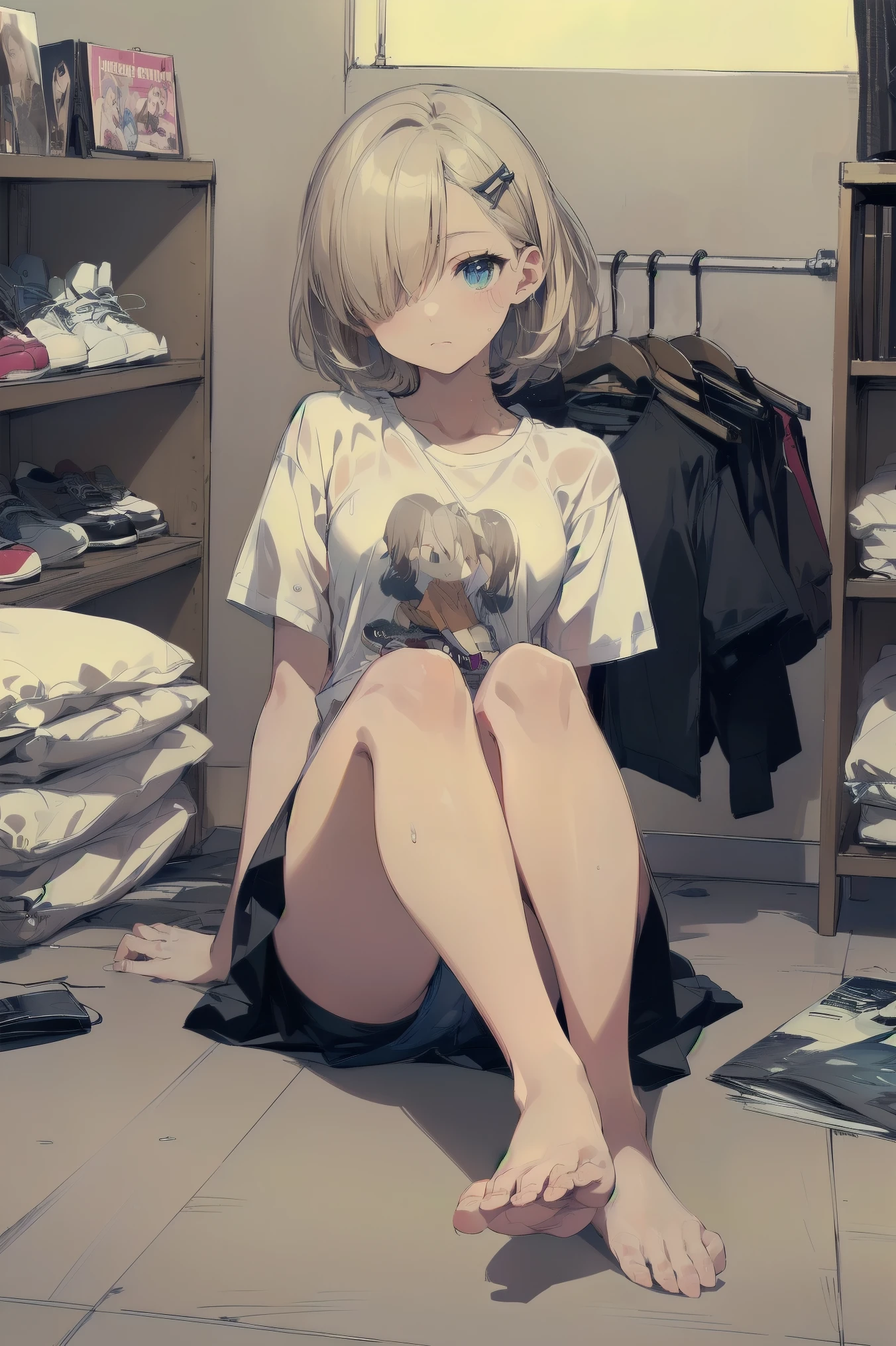 (at night)，Highest quality, anime，Moe，Art Style，8K Konachan Wallpaper，Perfect Anatomy,,One girl, (:1.3)，(high school studeir), blonde hair, (hair over one eye:1.6)，Complete limbs, Full Finger,Medium chest, (T-Shirt Bra:1.5)，(Seamless Panties)，(White panties)，Sit on the bed，Small eyes，Detailed eyes，Blue Eyes，Hair Clip，(barefoot:1.9)，(wet hair:1.2), Super detailed,High resolution,Highly detailed skin,8K，(Cute illustrations:1.2), (indoor),(Cute Girl&#39;s Room:1.9),(modern and sophisticated furniture:1.2),(plush velvet chair and ottoman:1.4),(elegant curtains and window treatments:1.2),(Designer fashion:1.4),(Instagrammable fashion photo corner:1.2),(unique framed statement mirror:1.4),
(fashion runway style rug:1.2),(A customized closet filled with trendy clothes:1.2),(gorgeous dressing table:1.2),(fashion magazine:1.2),
(Cute Decoration:1.4),(chic lighting fixtures:1.4),(comfortable and stylish bedding:1.4),(Vanity:1.4),(Specialized area for fashion accessories:1.3),(high end accessories:1.2),(fashion sketch and design book:1.2),(Plenty of storage for shoes and accessories:1.2),