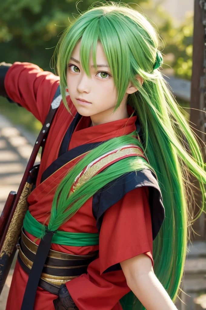 Wearing Japanese clothing、A middle school boy with long green hair and green eyes wearing a red bandana and carrying a sword, drawn in an anime style.