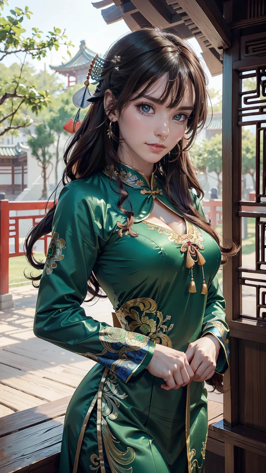((whole body)), samdoesarts style award winning whole body portrait of a beautiful woman, ((Perfect feminine face)),((Ancient Chinese Green Clothing)), ((Green Peking Opera Costume)), (Long sleeve) Gazebo, complicatedな, (Beautiful details in the eyes, Long eyebrows),((hairpin, Twisted Hair)),(sorrow), ((tears)), (sunlight), Shaded flat illustration, Digital Art, Trending on Art Station, Very detailed, The finer details, complicated, ArtJam、Rutkovsky、Art by Alphonse Mucha,