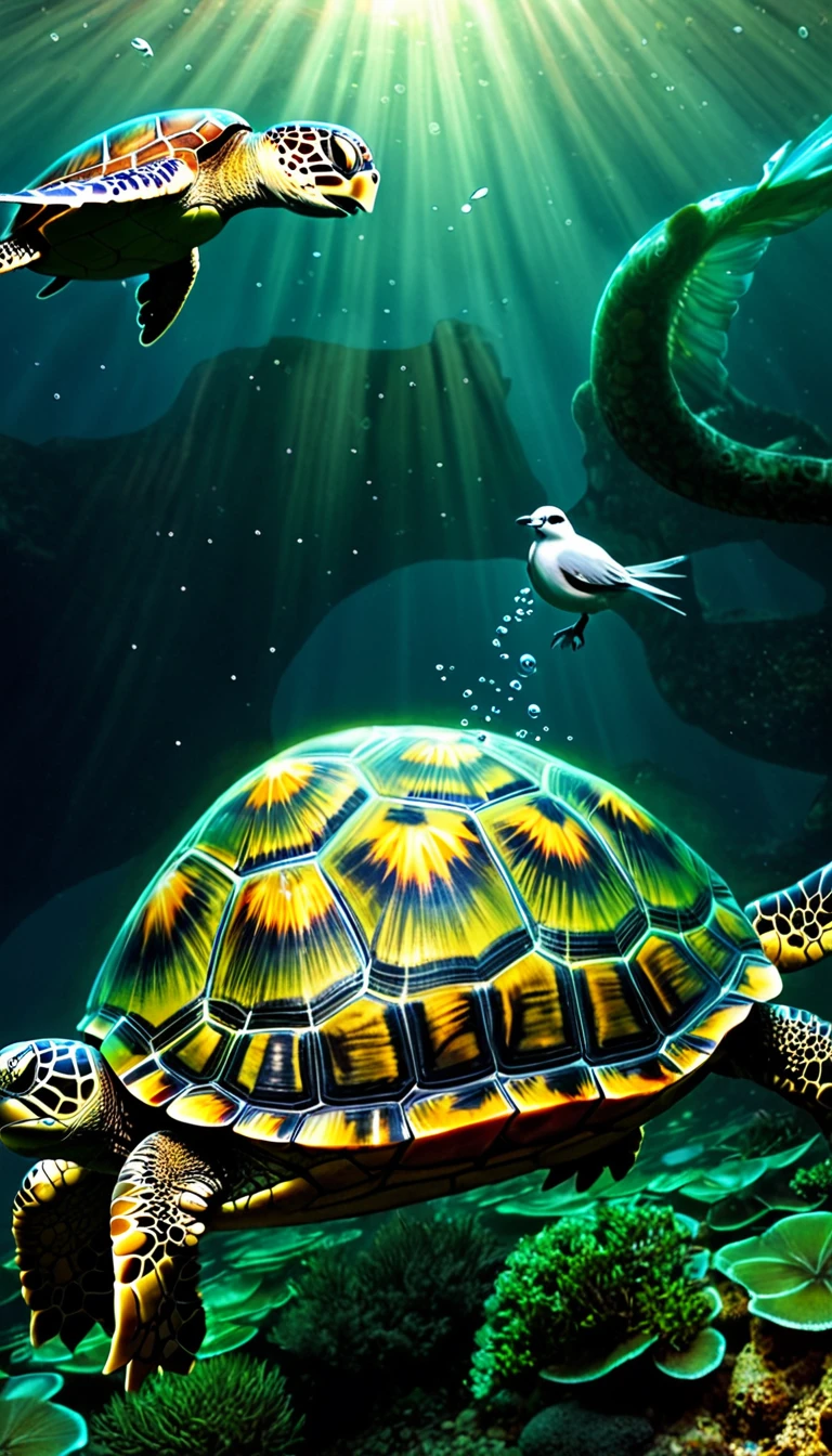 There are many magical turtles living at the bottom of the river，Turtle-like body，But with a bird&#39;s head and a snake&#39;s tail，Mysterious Creatures, shrike, (best quality，4K，8K，High level，masterpiece：1.2），Ultra Detailed，（lifelike，Photo real，Photo real：1.37），Highly detailed animals，Complex patterns，Dramatic lighting，Fantasy Creatures