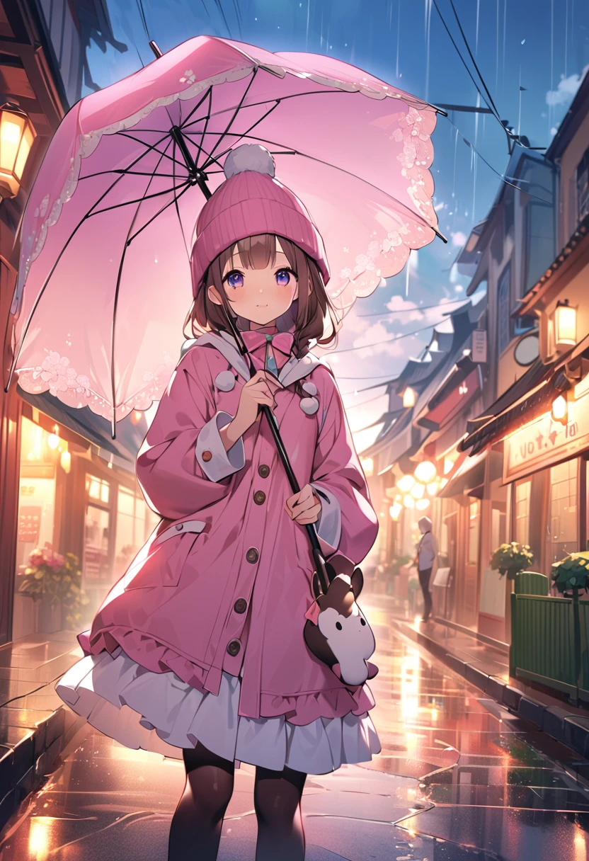 Highest quality、High resolution、Detailed Background、Beautiful face in every detail、Teenage beauty、Cute hair colour、Braided Ponytail、Braided bob cut、Cute hairstyle、well-groomed eyebrows、Cute gestures、

A girl happily waiting for someone even in the rain、
A small back holding an umbrella、I&#39;m lonely by myself but I&#39;m waiting、Until someone comes、
Wet ground beneath my feet、Above is the sound of rain from the sky、But I&#39;m waiting、Without hesitation、
だって約束したhour間、もうすぐ来るはずだからI&#39;ll be waiting、I want to be no longer alone、
Dripping rain、hour々Blowing in the Wind、But I won&#39;t leave you、I&#39;ll be waiting、
Until someone comes、It&#39;s lonely being alone、When that person comes, I can smile、

Pink or pastel colored raincoats for a feminine look、The frills and ribbons are the highlights.、
Choose rain boots in the same color as your raincoat、The heart and star shaped decorations are cute.、
Bring a cute umbrella with a unicorn or character design、Mitten-style gloves that allow you to expose your fingertips are convenient for playing freely.、
Stylish decorations with ribbons and frills、A warm knit hat with pom-poms and frills for an accent、
The colorful design creates a lovely atmosphere.