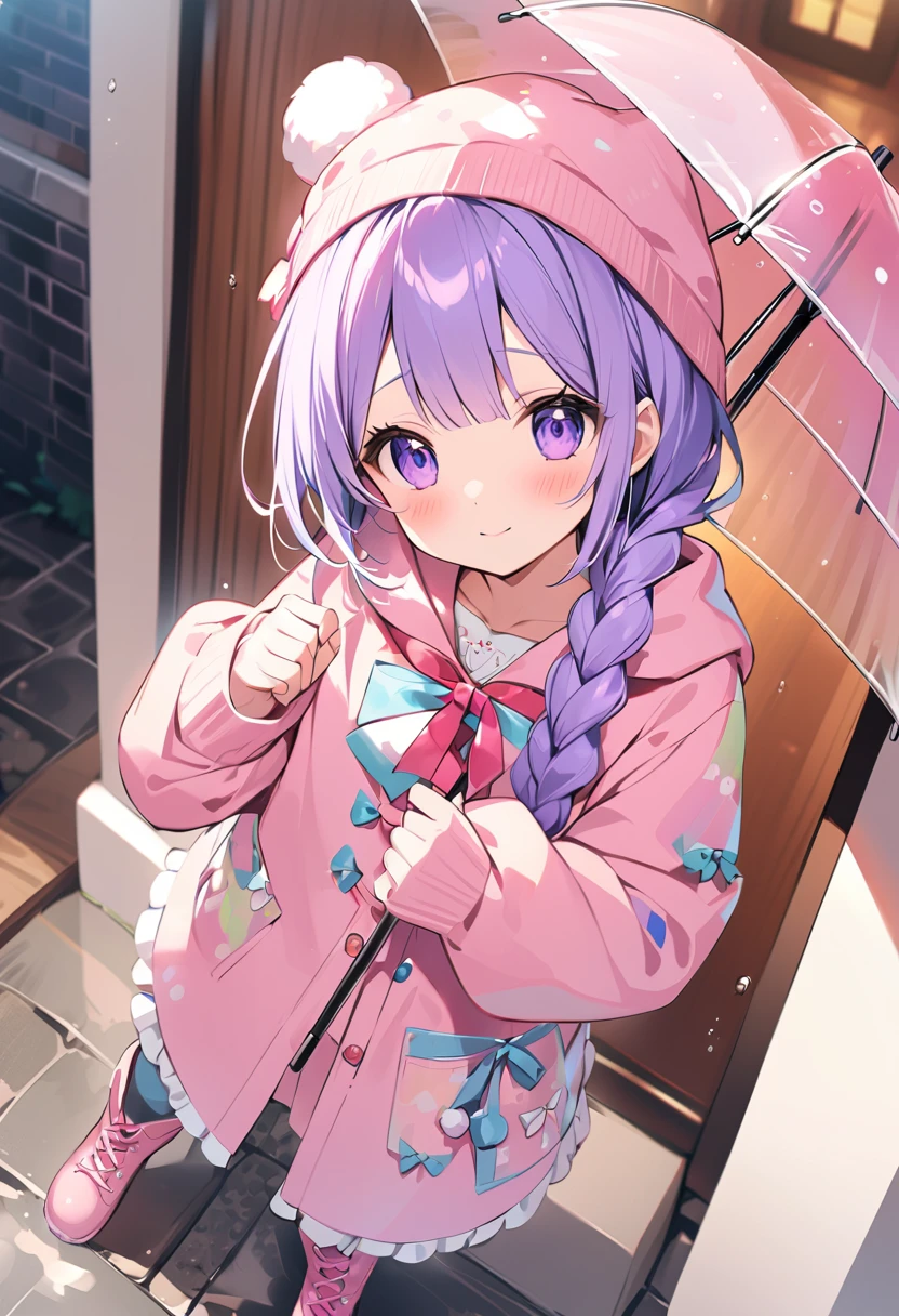 Highest quality、High resolution、Detailed Background、Beautiful face in every detail、age beauty、Cute hair colour、Braided Ponytail、Braided bob cut、Cute hairstyle、well-groomed eyebrows、Cute gestures、
A girl happily waiting for someone even in the rain、
A small back holding an umbrella、I'm lonely by myself but I'm waiting、Until someone comes、
Wet ground beneath my feet、Above is the sound of rain from the sky、But I'm waiting、Without hesitation、
だって約束したhour間、もうすぐ来るはずだからI'll be waiting、I want to be no longer alone、
Dripping rain、hour々Blowing in the Wind、But I won't leave you、I'll be waiting、
Until someone comes、It's lonely being alone、When that person comes, I can smile、
Pink or pastel colored raincoats for a feminine look、The frills and ribbons are the highlights.、
Choose rain boots in the same color as your raincoat、The heart and star shaped decorations are cute.、
Bring a cute umbrella with a unicorn or character design、Mitten-style gloves that allow you to expose your fingertips are convenient for playing freely.、
Stylish decorations with ribbons and frills、A warm knit hat with pom-poms and frills for an accent、
The colorful design creates a lovely atmosphere.