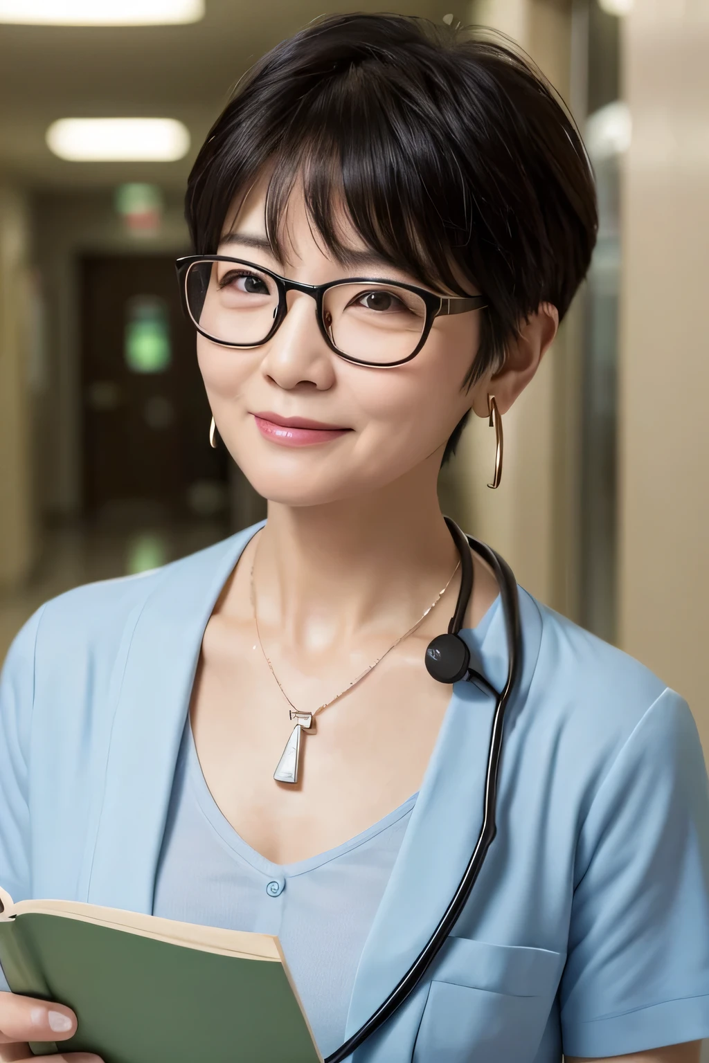 Beautiful 59year old woman、 Korean women、Black Hair、Necklace around the neck、White、Reading Glasses、My glasses are slipping off、Stethoscope、Short Haircut、smile、Open your mouth a little、Intricate details, Very detailed:1.2), 、 Looking into the camera,The background is the corridor of the hospital.、ear piercing