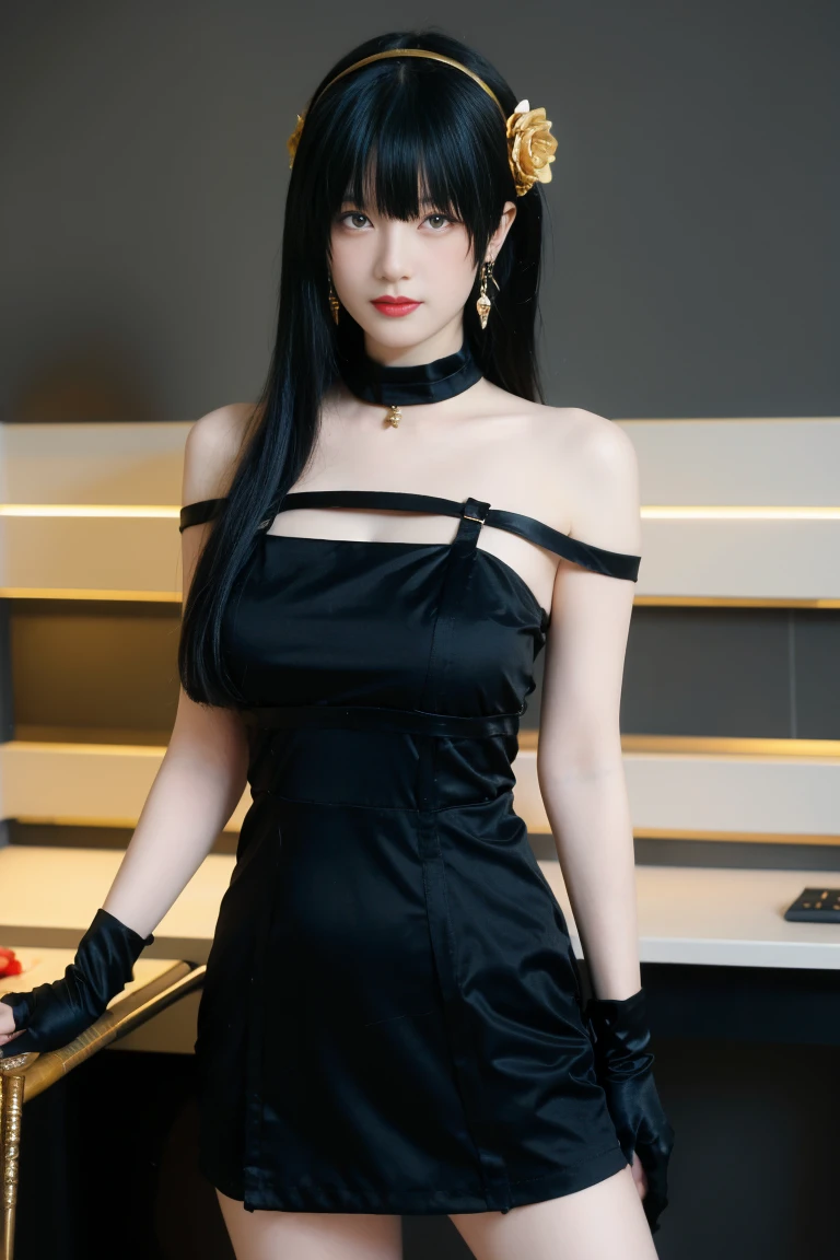 best quality, tmasterpiece,Ultra-high resolution,Clear face,(Reality:1.4),ferpect lighting,(upper body shot), (photorealistic:1.50), anime wallpaper, Guviz style artwork, cover-up fantasy up to magic , by Yang J, Guviz, beautiful artwork illustration, beautiful digital artwork, beautiful digital illustration, Li Song, beautiful anime portrait, art style in Beauvot, Yor briar,
1girl, backlighting, bare shoulders, black background, black dress, black gloves, black hair, blood, blood on face, blood on weapon, breasts, closed mouth, cowboy shot, dress, earrings, expressionless, fingerless gloves, floating hair, floral print, flower, gloves, gold earrings, gold hairband, hair flower, hair ornament, hairband, holding, holding weapon, jewelry, large breasts, light particles, long hair, looking at viewer, off-shoulder dress, off shoulder, petals, red eyes, rose, rose petals, rose print, short hair with long locks, sidelocks, 独奏, spikes, thighs, two-sided dress, two-sided fabric, weapon, (garden background),(computers), indoor,