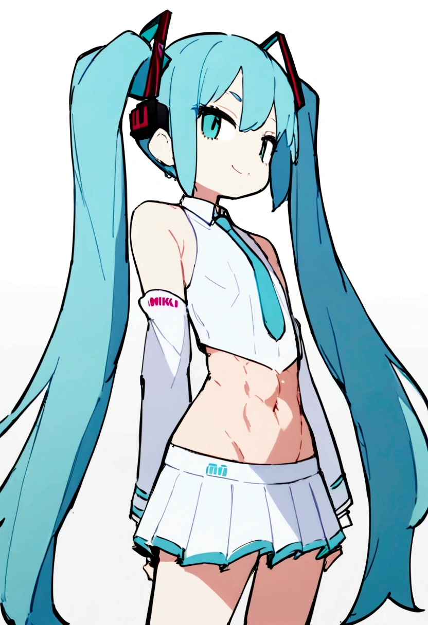 hatsune_miku commentary hashtag-only_commentary highres 1girl adjusting_clothes adjusting_necktie alternate_costume aqua_bikini aqua_eyes aqua_hair aqua_necktie bent_over between_breasts bikini black_sleeves black_thighhighs blush breasts collar_bikini_miku_(meme) detached_collar detached_sleeves foreshortening headphones headset long_hair meme navel necktie necktie_between_breasts simple_background small_breasts solo standing string_bikini striped_bikini striped_clothes swimsuit thighhighs twintails very_long_hair white_background nipples