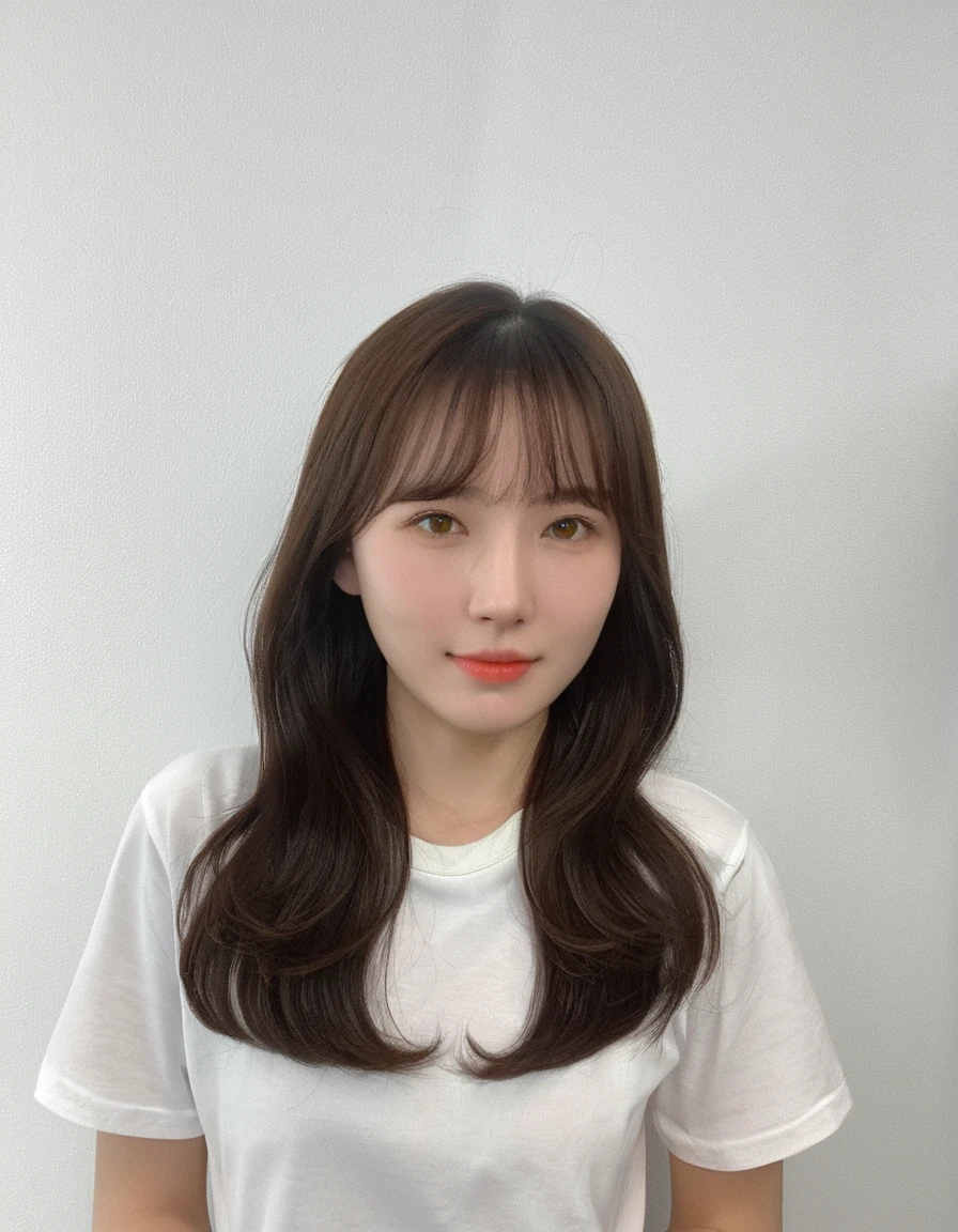 Best Quality, 8k, Masterpiece, (Portrait: 1.3), (photo realistic:1.4), (hyper realistic:1.4), Sharp Focus, looking at viewer, (smoother lighting:1.1), (increase cinematic lighting quality:0.9), realistic lighting, backlighting, light on face, ray trace, (brightening light:1.2), (Increase quality:1.4), sharp detail, (best quality real texture skin:1.4), finely detailed eyes, black_eyes, finely detailed face, 25 year old Korean woman, (yellow t_shirt:1.4), (Create an image maintaining the original base model hairstyle:1.5)
