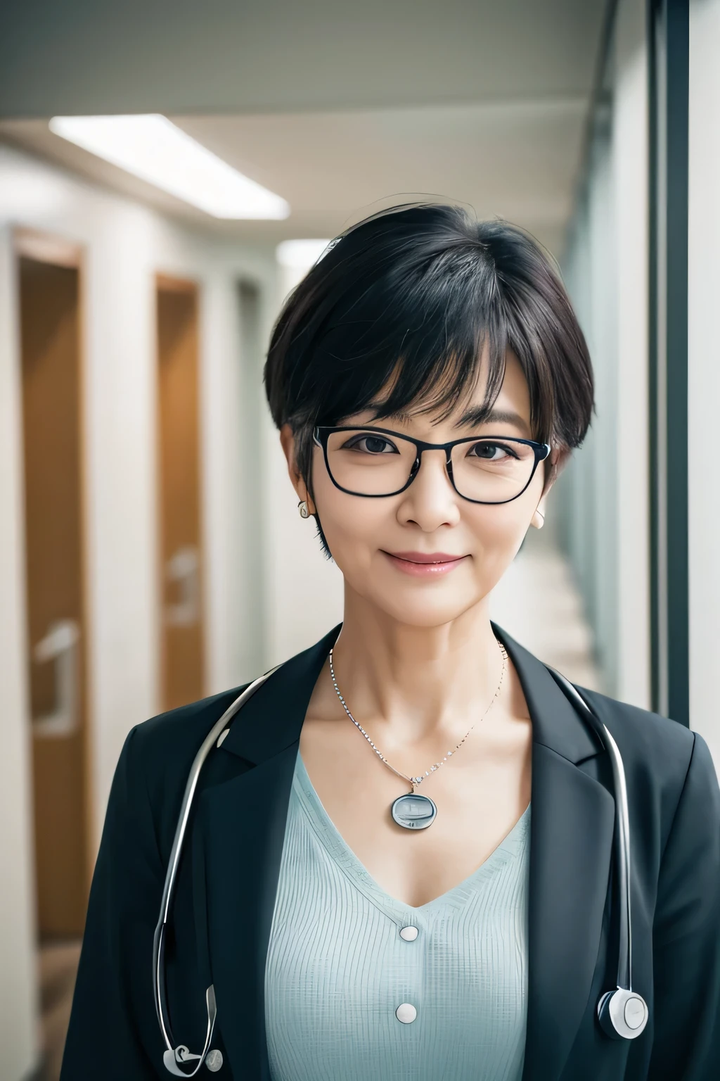Beautiful 59year old woman、 Korean women、Black Hair、Necklace around the neck、White、Reading Glassey glasses are slipping off、Stethoscope、Short Haircut、smile、Open your mouth a little、Intricate details, Very detailed:1.2), 、 Looking into the camera,The background is the corridor of the hospital.、ear piercing