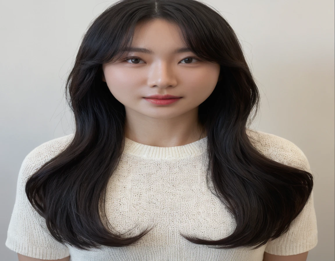 Best Quality, 8k, Masterpiece, (Portrait: 1.3), (photo realistic:1.4), (hyper realistic:1.4), Sharp Focus, looking at viewer, (smoother lighting:1.1), (increase cinematic lighting quality:0.9), realistic lighting, backlighting, light on face, ray trace, (brightening light:1.2), (Increase quality:1.4), sharp detail, (best quality real texture skin:1.4), finely detailed eyes, black_eyes, finely detailed face, 25 year old Korean woman, (white formal_shirt:1.4), (Create an image maintaining the original base model hairstyle:1.5)