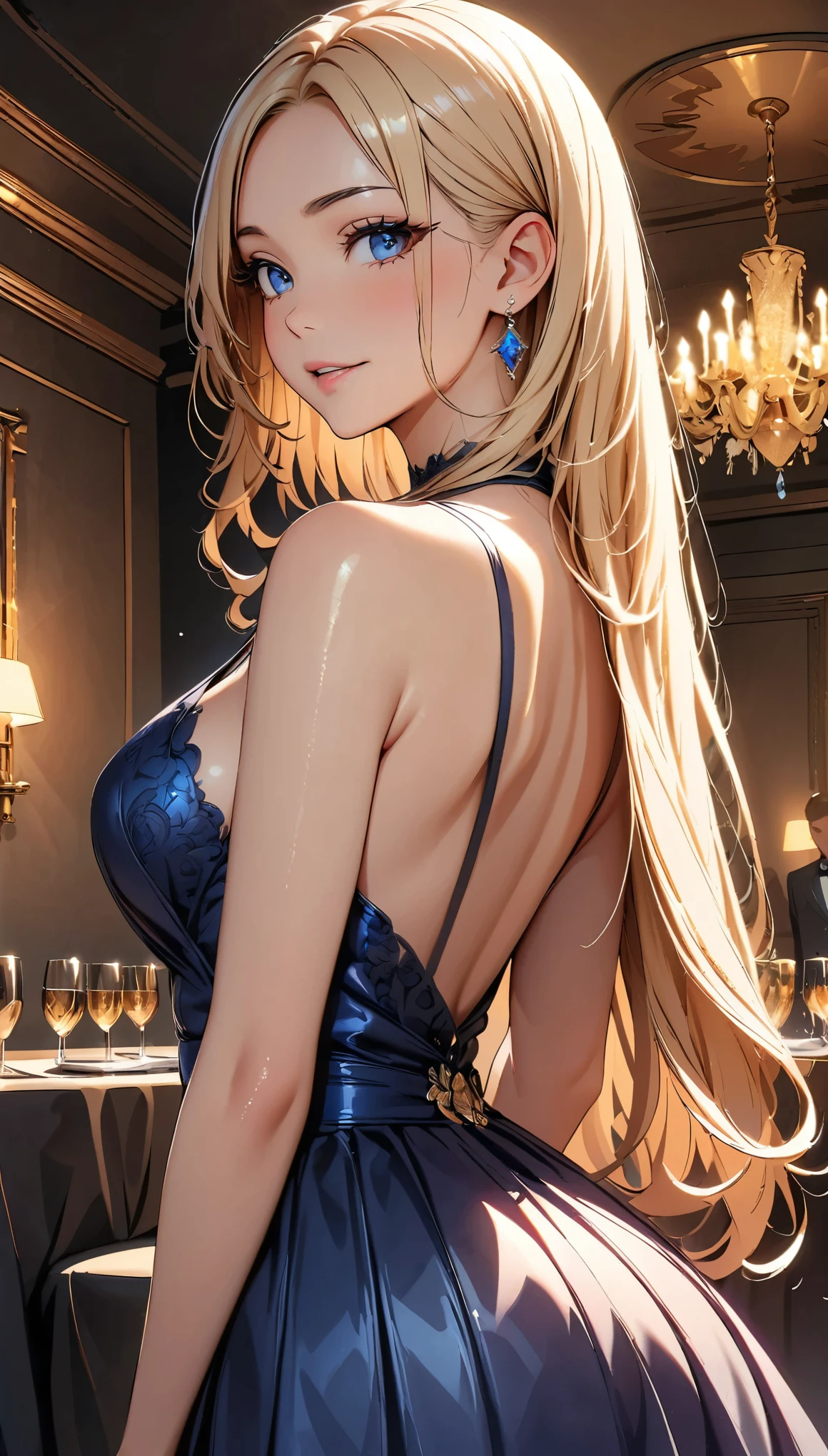 (Highest quality:1.2, High Detail, masterpiece:1.2, Best aesthetics), (1 girl), Beautiful woman, long formal evening dresses, Beautiful detailed eyes, Beautiful detailed lips, Highly detailed face, Detailed Fashion, elegant, luxury, High quality fabric, Shine, Shine, Party Room, chandelier, luxuryな内装の部屋, Dramatic lighting, Cinematic, Bright colors, Intricate details, Chiaroscuro lighting.