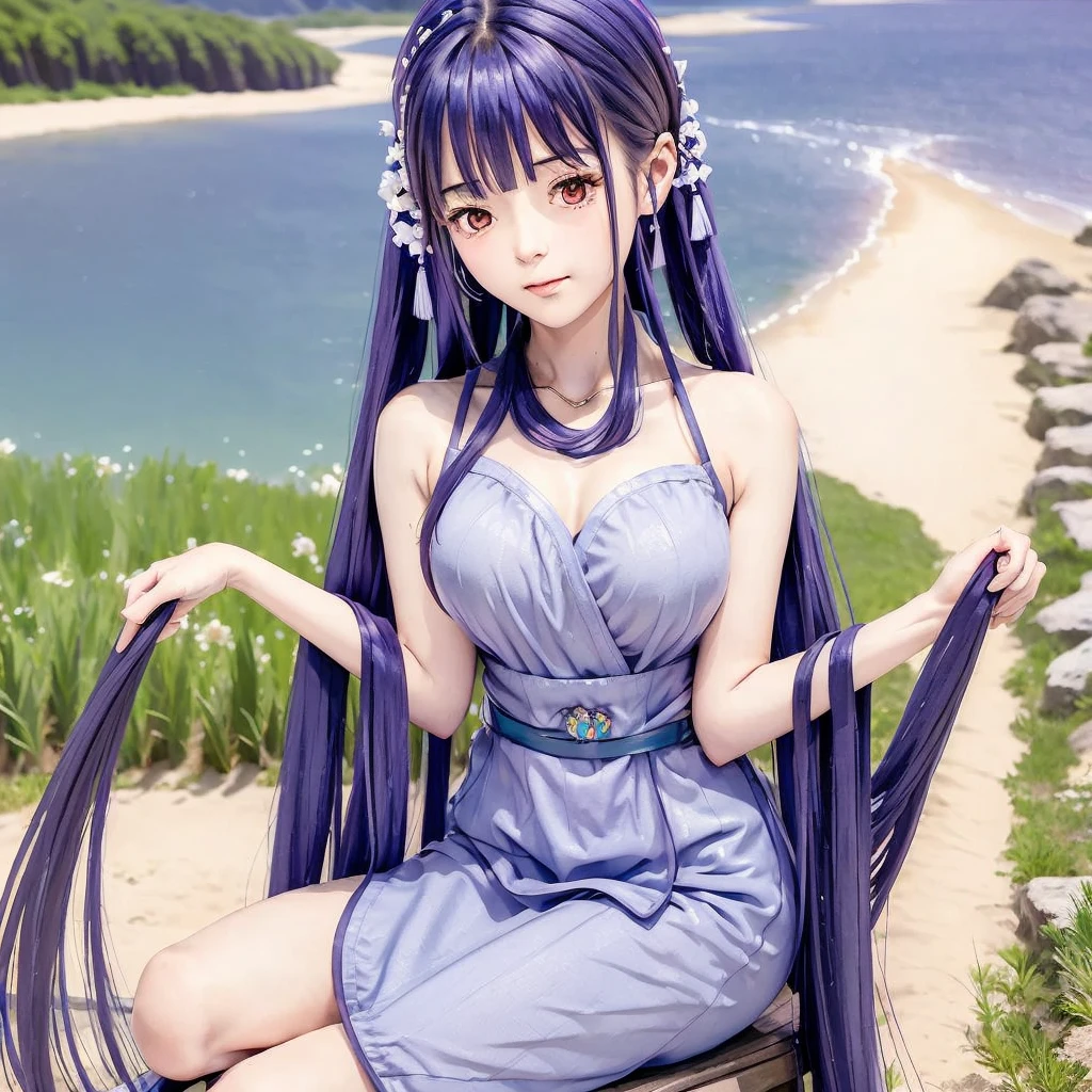 masterpiece, Highest quality, Official Art, 8k wallpaper, Very detailed, figure, 1 Girl, Blue Hair, Long Hair, Fine grain, For rest, Bare shoulders, Hanfu,lake, Pure, A kind smile,bamboo,tea