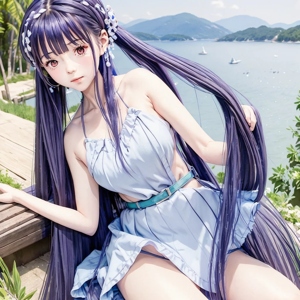 masterpiece, Highest quality, Official Art, 8k wallpaper, Very detailed, figure, 1 Girl, Blue Hair, Long Hair, Fine grain, For rest, Bare shoulders, Hanfu,lake, Pure, A kind smile,bamboo,tea