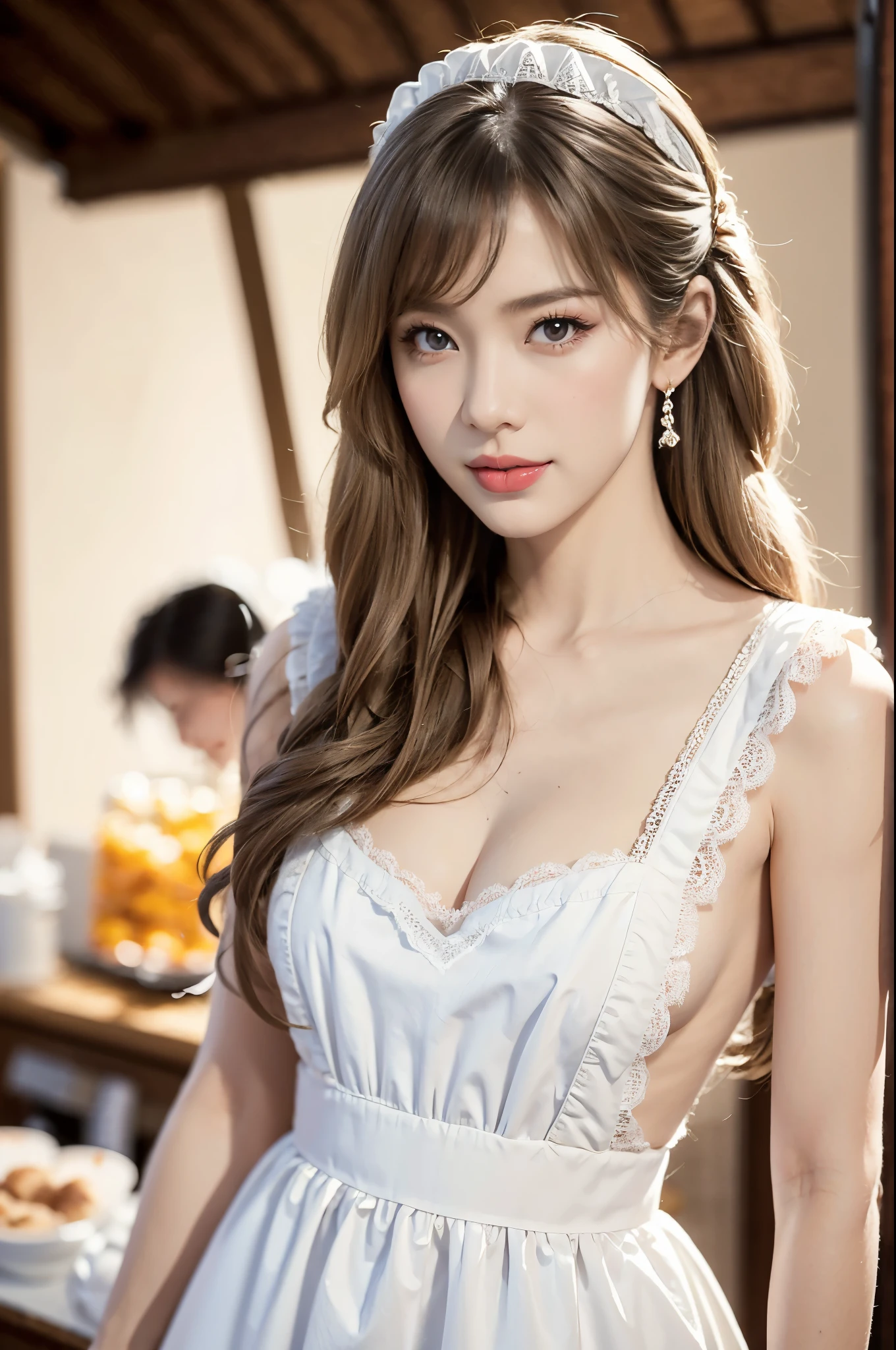 (((best quality))),(((ultra detailed))),(((masterpiece))),illustration,1girl,maid cafe,stunningly beautiful,slim,medium straight bob hair,flat chest,cleavage,deep captivating eyes,maid costume,see through lace apron,short hemline,bare arms,arms behind back,thighs,slender legs,pantyhose,graceful movements,confident charm,warm genuine smile,France cafe,delicious coffee pastries,warm inviting atmosphere,joyful eyes,Coffee Machine,upper body