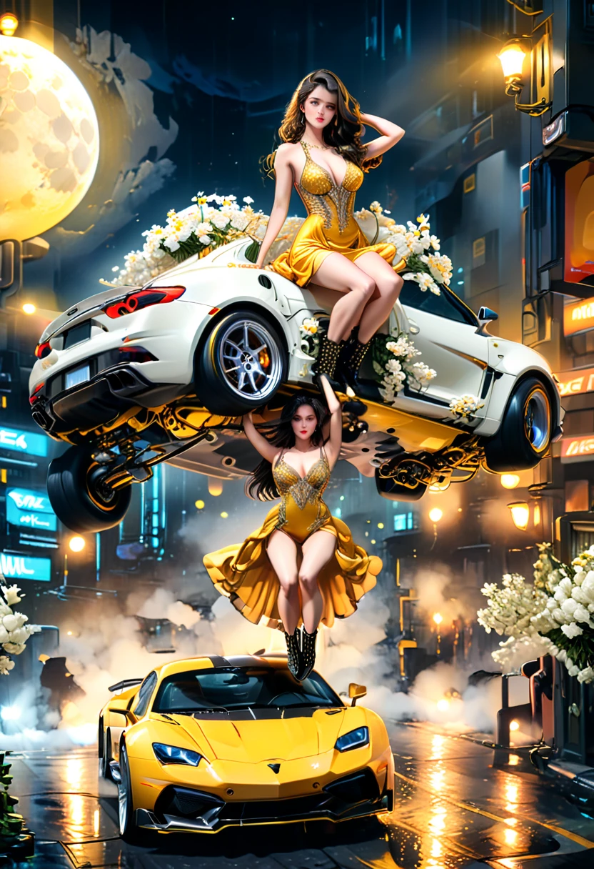 a picture of a female model wearing an evening dress ((lifting a car: 1.5)), glamorous model woman, black hair, long hair, wavy hair, beautiful green eyes, she wears a ((yellow evening dress: 1.5)), elegant, intricate detailed dress, silk dress, small cleavage, ((dress is studded with white flowers: 1.4)), she wears elegant knee high heeled boots, exquisite knee high heeled boots, lifting a ((sports car: 1.5)), in a cyberpunk street an night background, moon, stars, lamp light, (Masterpiece: 1.5), 16k, highres, best quality, high details, ultra detailed, masterpiece, best quality, (extremely detailed),