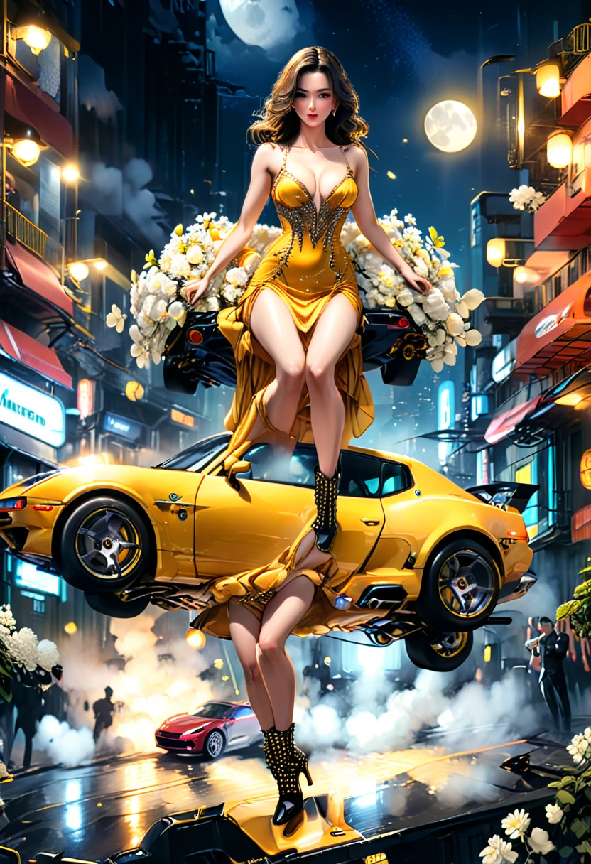 a picture of a female model wearing an evening dress ((lifting a car: 1.5)), glamorous model woman, black hair, long hair, wavy hair, beautiful green eyes, she wears a ((yellow evening dress: 1.5)), elegant, intricate detailed dress, silk dress, small cleavage, ((dress is studded with white flowers: 1.4)), she wears elegant knee high heeled boots, exquisite knee high heeled boots, lifting a ((sports car: 1.5)), in a cyberpunk street an night background, moon, stars, lamp light, (Masterpiece: 1.5), 16k, highres, best quality, high details, ultra detailed, masterpiece, best quality, (extremely detailed),