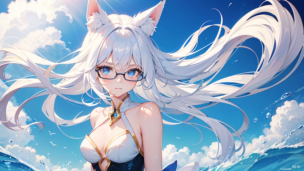 best quality, 8K, original photo, Ridiculous, Extremely detailed, Fox ears，baby face, No makeup, Provocative expressions，slim, Perfect proportion, White straight hair, (wind, wind-effect), blue eyes, Various visual styles for backgrounds，combines various artistic elements，like a sparkling iridescent rainbow，White Fox Girl，swimsuit，Gold frame glasses