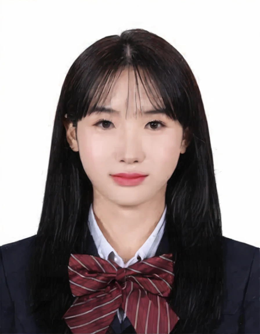 Best Quality, 8k, Masterpiece, (Portrait: 1.3), (photo realistic:1.4), (hyper realistic:1.4), Sharp Focus, looking at viewer, (smoother lighting:1.1), (increase cinematic lighting quality:0.9), realistic lighting, backlighting, light on face, ray trace, (brightening light:1.2), (Increase quality:1.4), sharp detail, (best quality real texture skin:1.4), finely detailed eyes, black_eyes, finely detailed face, 20 year old Korean woman, (white formal_shirt:1.4), (Create an image maintaining the original base model hairstyle:1.5)