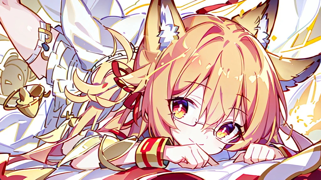 ((Best quality)), ((masterpiece)), (detailed), best quality,8K,original photo,Red Fox Maiden,touch fox,Castle Background, Liveliness. Carefree happy joy bokeh background. Quiet aesthetics. Soft lighting. Artistic Lighting. Gold frame glasses