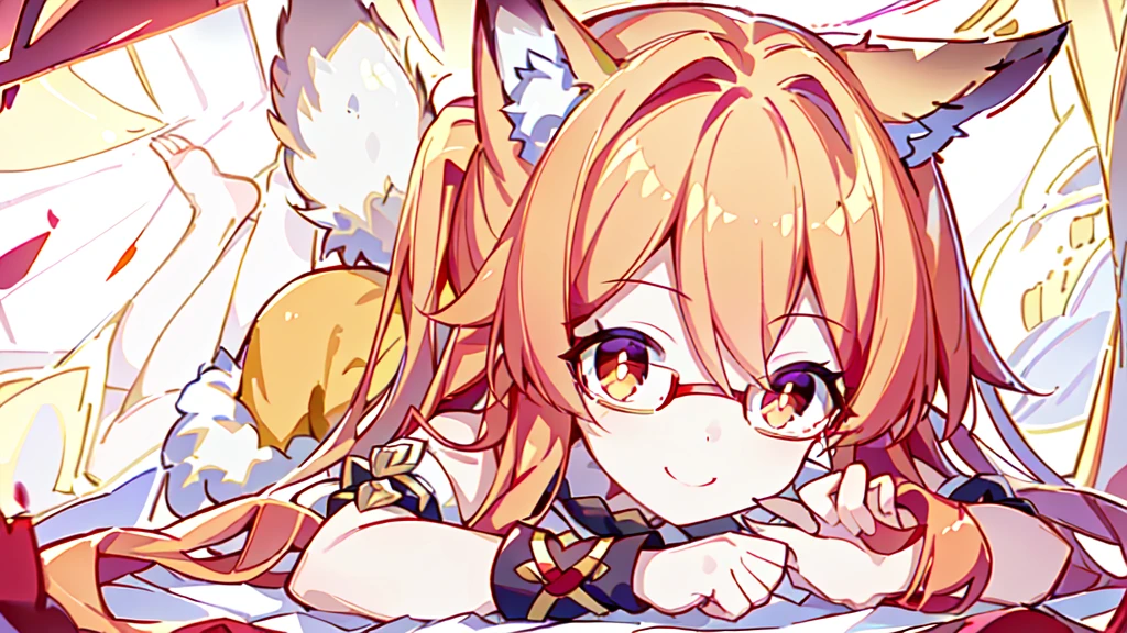 ((Best quality)), ((masterpiece)), (detailed), best quality,8K,original photo,Red Fox Maiden,touch fox,Castle Background, Liveliness. Carefree happy joy bokeh background. Quiet aesthetics. Soft lighting. Artistic Lighting. Gold frame glasses