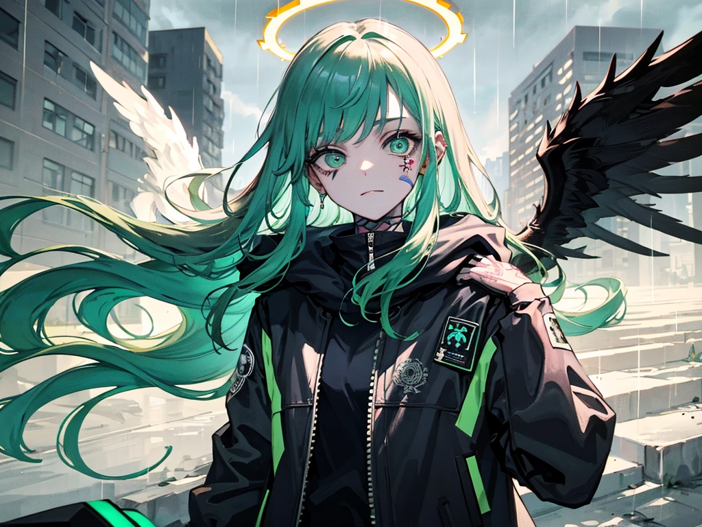 (photorealestic:1.38)、A masterpice、best quality、(with intricate details:1.2)、(landscapes:1.3)、solo、facefocus、(close-ups:0.8)、UltraHighResolution、Right Anatomy、Detailed skin、beautifull face、Mint green hair
a 1 girl、Girl in patterned jacket、Detailed anime eyes、(Take a look at Veiwer:1.2)、(face tattoos:1.3)、(tattooed:1.2)、(Black Angel Wings)、Angel Halo、
Rainy Cyberpunk Street、cyberpank、
(Ink wash)、chaos