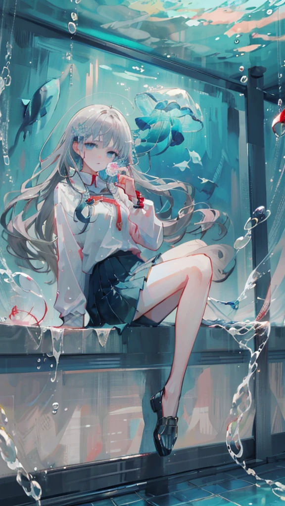 (masterpiece:1.3),(Highest quality:1.2),8K,Confused,ユニティ 8K 壁紙,(Very detailed:1.3),the best,High resolution,wonderful,shape,Beautiful studio soft light,Stunningly beautiful,incredibly Confused,Crisp details,Cinema Lighting,Moody lighting,Pixiv,Award-winning, Professional, Very detailed,Face in perfect detail,14 years old、 transportation facilities_Against_window, 1 Girl, alone, Colorful long blonde hair, skirt, Long sleeve, Sitting, , Gray Hair, pleated skirt, shoes, Seraph, fish, bubble, Blue Theme, (Underwater:1.2), (air bubble:1.3), Inside the train, (Surreal:1.2), (jellyfish:1.2), (whale:1.1),(fish:1.2),