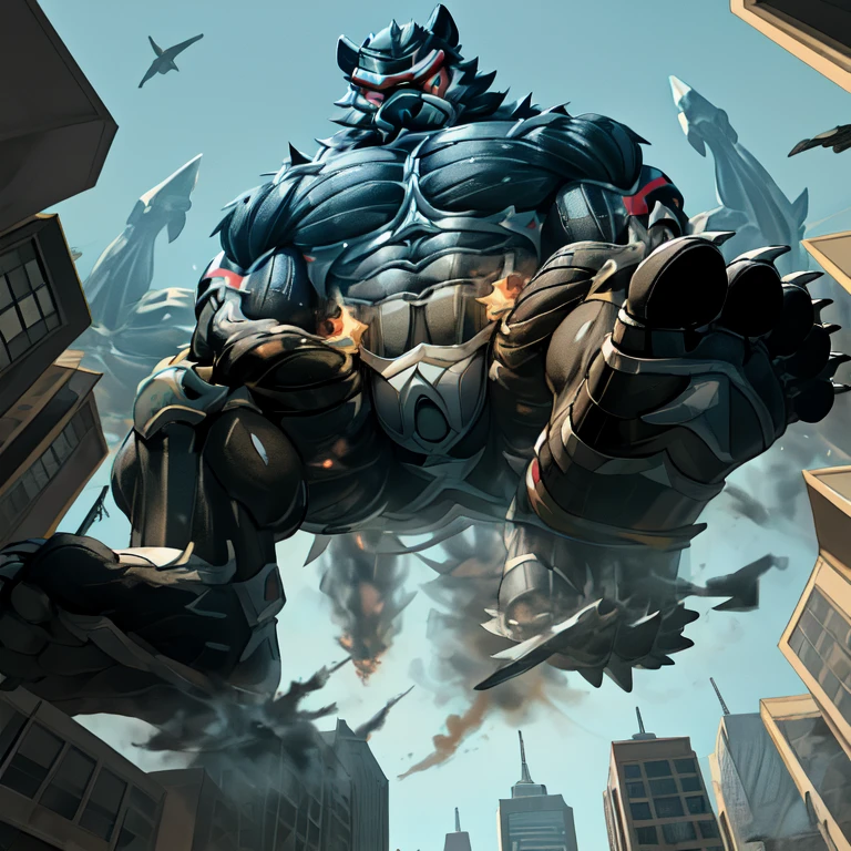 (masterpiece. official art. 8k. best quality. detailed full body. full body.)

(situation 1 : dominating Incineroar. Muscular Incineroar is trampling the CITY. macro. stomp. Low-angle perspective. emphasizing the immense size. The perspective is from below, emphasizing the sheer majesty and power of the Giant. giant art. He is much bigger than a skyscraper. Giga Giants. micro soccer field. looking down.)

(situation 2 :smoke and flames rising from the destruction in the city)

(Additional details 1: wearing a full-face helmet. helmet is jet black. The color of NANOSUIT is jet black. high-tech bio-mecha armor. real texture material. whole body shines like metal. Wearing cyberpunk mecha. emphasizes the muscles. suit fully made of metal. intricate armor. Robotic suit. NANOSUIT with the same design as Incineroar.).

(Additional details 2: (Detailed head. Detailed Body. Detailed abs. gigantic muscles. HYPER MUSCLES. Gigachad Muscular. big muscle. pecs. triceps. traps. unusually developed muscular body. body full of huge muscles. showing off muscles. pectorales enormes. Exaggeratedly huge muscles. huge muscles. long legs.).

(Additional details 3: nj5furry, Spread wings. It has wings. black have big wings. The claws are sharp. ).  (Incineroar has 5 toes.)