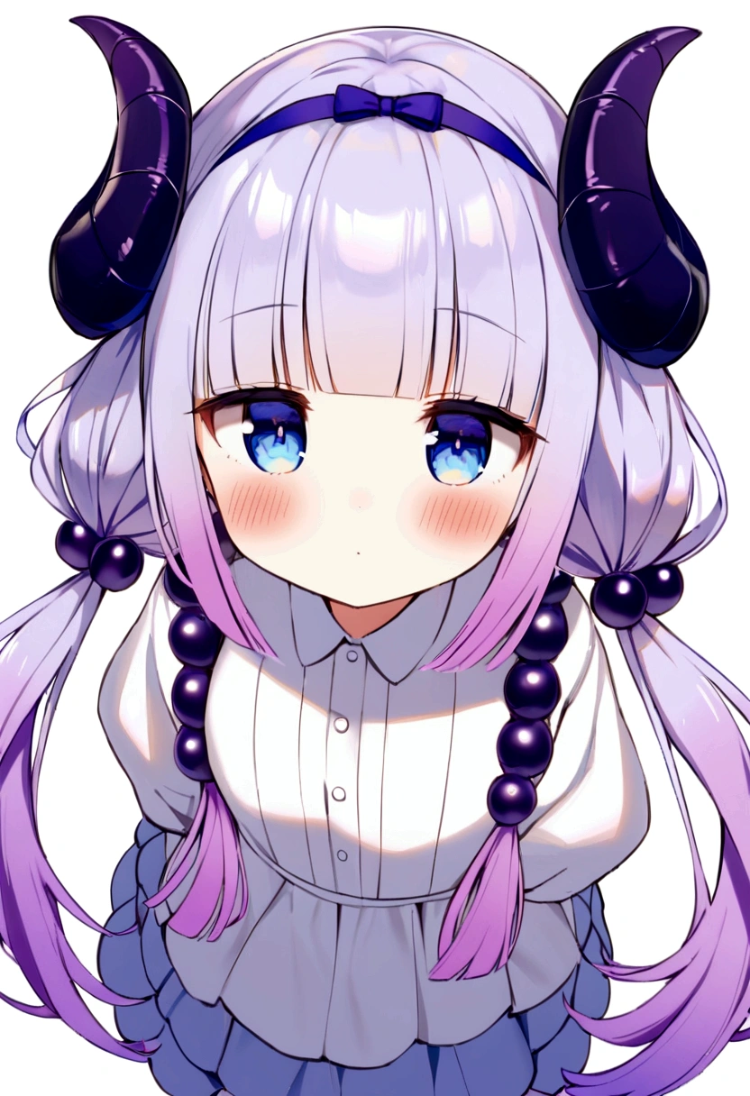 {kanna_kamui_kobayashisanchinomaidragon:1.15}, long_hair, light_purple_hair, blue_eyes, hair_ornament, bangs, blush, multicolored_hair, twintails, blunt_bangs, hair_beads, beads, hairband, gradient_hair, low_twintails, horns, dragon_horns, purple_hair,'s build,bird's-eye view