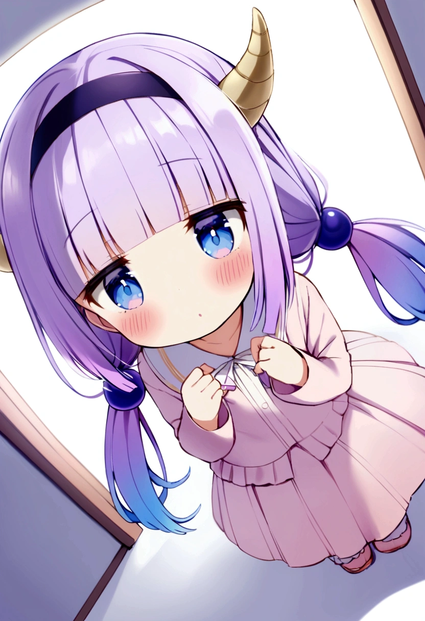 {kanna_kamui_kobayashisanchinomaidragon:1.15}, long_hair, light_purple_hair, blue_eyes, hair_ornament, bangs, blush, multicolored_hair, twintails, blunt_bangs, hair_beads, beads, hairband, gradient_hair, low_twintails, horns, dragon_horns, purple_hair,'s build,bird's-eye view