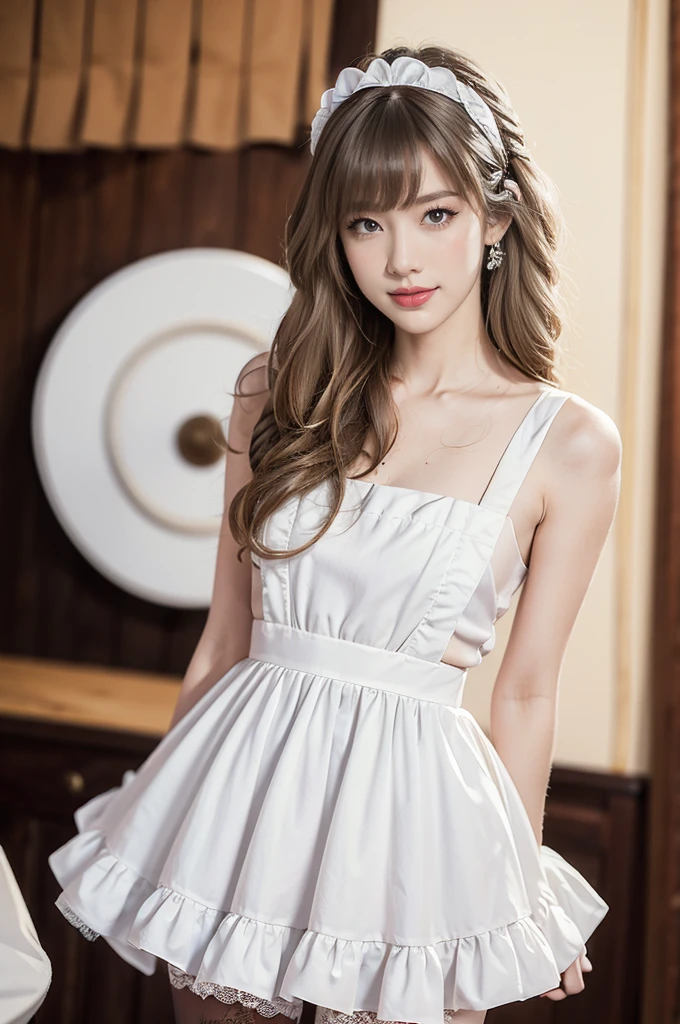 (((best quality))),(((ultra detailed))),(((masterpiece))),illustration,1girl,maid cafe,stunningly beautiful,slim,medium straight bob hair,flat chest,navel,deep captivating eyes,maid costume,see through lace apron,short hemline,bare arms,arms behind back,thighs,slender legs,pantyhose,graceful movements,confident charm,warm genuine smile,France cafe,delicious coffee pastries,warm inviting atmosphere,joyful eyes,Coffee Machine,upper body