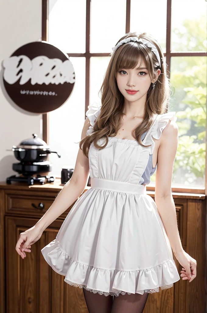 (((best quality))),(((ultra detailed))),(((masterpiece))),illustration,1girl,maid cafe,stunningly beautiful,slim,medium straight bob hair,flat chest,navel,deep captivating eyes,maid costume,see through lace apron,short hemline,bare arms,arms behind back,thighs,slender legs,pantyhose,graceful movements,confident charm,warm genuine smile,France cafe,delicious coffee pastries,warm inviting atmosphere,joyful eyes,Coffee Machine,upper body