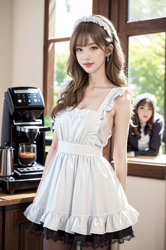 (((best quality))),(((ultra detailed))),(((masterpiece))),illustration,1girl,maid cafe,stunningly beautiful,slim,medium straight bob hair,flat chest,navel,deep captivating eyes,maid costume,see through lace apron,short hemline,bare arms,arms behind back,thighs,slender legs,pantyhose,graceful movements,confident charm,warm genuine smile,France cafe,delicious coffee pastries,warm inviting atmosphere,joyful eyes,Coffee Machine,upper body
