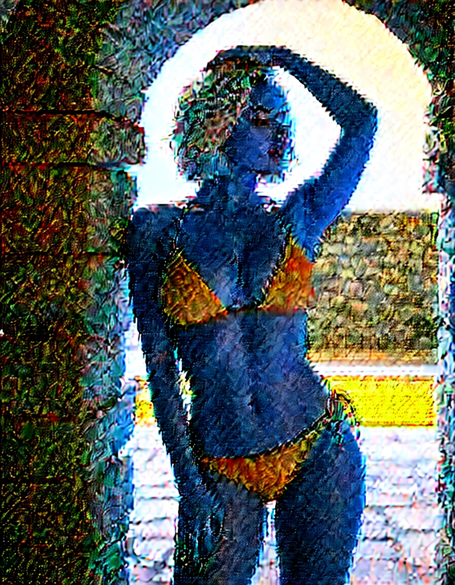 seductive pose in a stone archway, massive breasts, huge breasts, shy girl, hair covering her eyes, looking downwards, candid picture, candid pose, sultry expression on her face, lips parted, soft light from the side, backlighted, soft morning lighting, viewed from the side, low camera angle, V shaped panties, string sided panties, perfect bottom, perfect ass, side view, araffe woman in a grey triangle bikini posing seductively in a stone archway, faint smile,  grey bikini, gorgeous bikini model, wearing a grey bikini, grey bikini, bikini model, elegant bikini, tiny bikini, futuristic grey-space-bikini, cute bikini,  next to a pool posing in a stone archway, sling bikini, tanned, sexy girl,  (messy bob hairstyle, white blond hair color), messy hairstyle, messy bob, messy hairstyle, white blond, 5 foot 3 inches tall, 110 pounds in weight, 34G breasts, large firm round breasts, very large breasts, cleavage, photorealistic, 4K, 8K, UHD