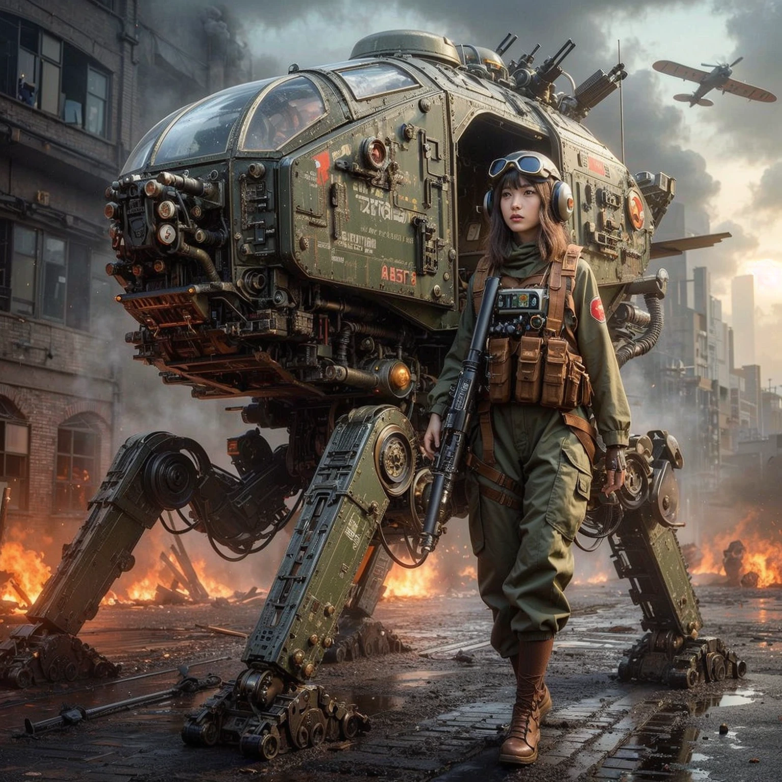 superrealism, ultra high res,8k,(Photorealsitic:1.4), (crab-like mechanical suit:1.2), designed by Hajime Katoki,heavy weapons,vivid textures,animal legs, gradation hair, japanese female soldier,(ultra beautiful face),((super realistic all textures)), ((super intricate all details)), Realistic detail enhancement like Magnific AI, full body shot, ultra sharp photo result, Acrylic Clear Cover, Hydraulic cylinder, style, taken with Fuji film X-T30+Nokton. HDR10,Minimum of 4 pieces created