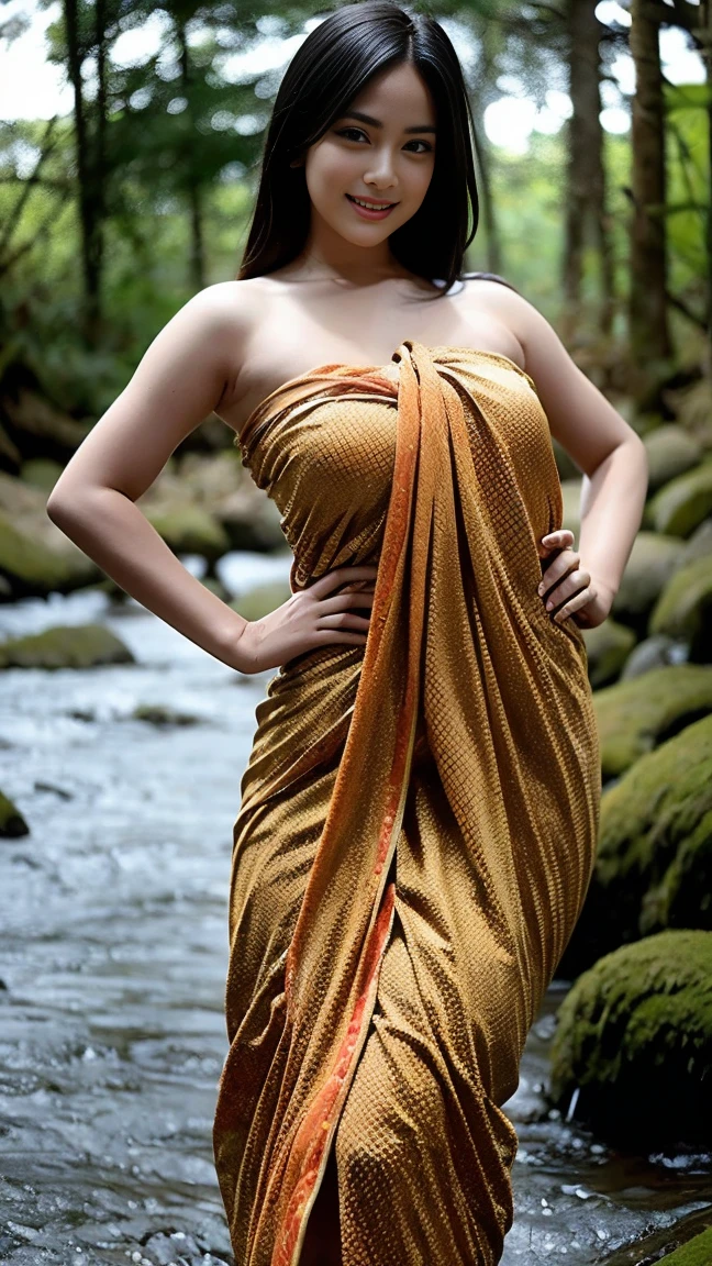 A film still of a girl naked try to escape from the dark forest, , , hands on hips, horror theme, ()), messy long hairstyle, sweaty body, sweaty body, smiling, scared face, Prores lense, Low angle shot, dark green color grading, cinemascope, natural light, Dynamic shadows, ((wearing batik sarong dress)), horror film, high quality, ultra detail, 8k, Panavision DXL2 camera, perfect hands, perfect fingers, attractive & seductive pose